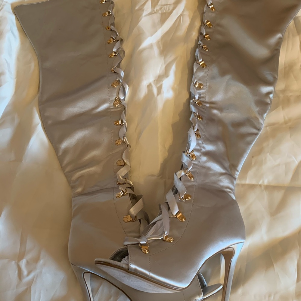 Silver lace up thigh high boots size 8
